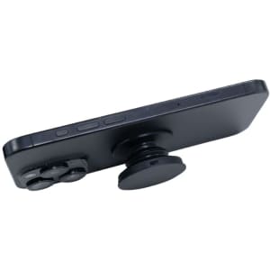 A black phone with a circular phone grip attached, featuring additional buttons for enhanced functionality.