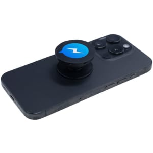 A black phone with a blue and black Expandit Phone Grip attached, featuring a logo on the grip.