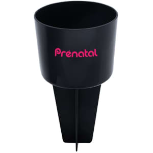 A black cup with a spike base, featuring a logo in pink. Designed for holding items securely.