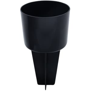 A black drink bottle holder with a pointed base for securing it into the ground. It features a smooth finish and a branded logo.
