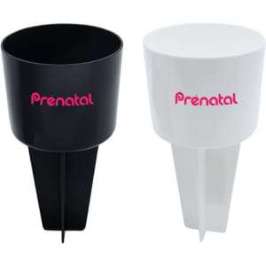 Two drink bottles in black and white, each with a logo on the front and a pointed base.