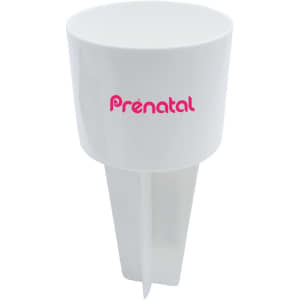A white sand spike with a pointed base and a wide top, featuring a pink logo.