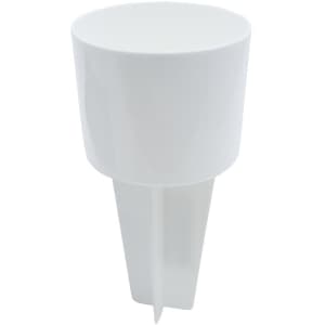 A white sand spike with a tapered base and a wide, circular top, featuring a logo.