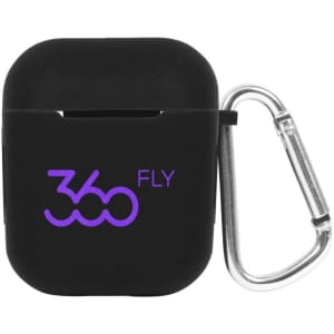 A black earbud case with a carabiner clip and a purple logo on the front.