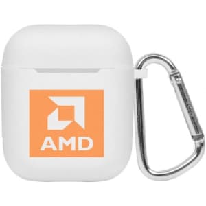 A white earbuds case with a carabiner clip and a logo, featuring an orange design.