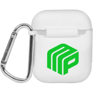 A white earbud case with a green logo and an attached silver carabiner.