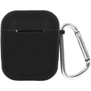 A black earbud case with a silver carabiner attached. The case features a smooth finish and has a branding logo.