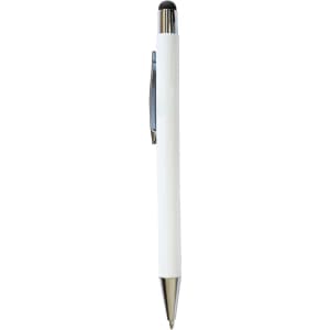 A white stylus pen with a chrome tip and clip, featuring a black stylus on the end.