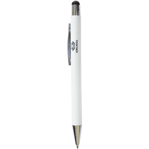 A white stylus pen with a silver tip and a black rubberised touch point, featuring a branding logo.
