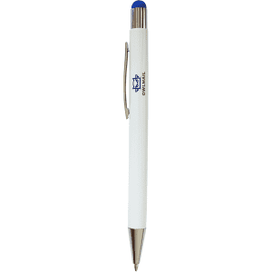 A white stylus pen with a blue tip and silver accents, featuring a branding logo on the barrel.