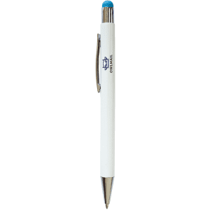 A white stylus pen with a blue tip and a silver clip, featuring a branding logo.
