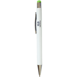 A stylus pen featuring a white barrel with a green top and silver trim, including a logo.