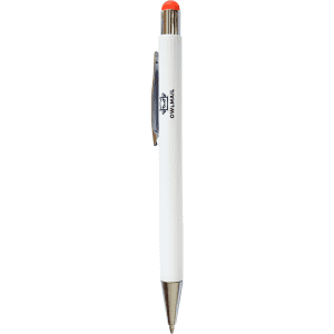 A white stylus pen with a silver tip and an orange rubber top, featuring a logo.