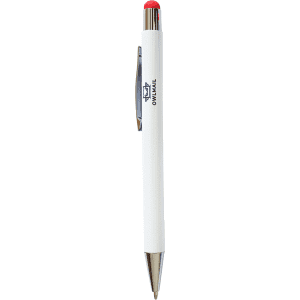 A stylus pen featuring a white body with a red tip and chrome accents, also has a logo on the surface.