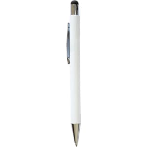 A white stylus pen with a shiny silver tip and clip, featuring a black touch point on the end.