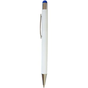 A white stylus pen with a blue tip and silver accents, featuring a clip and branding.