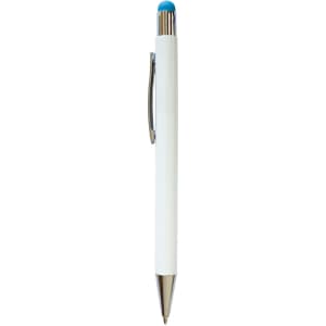 A white stylus pen with a blue tip and metallic accents, featuring a clip and a logo.