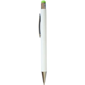 A stylus pen featuring a white body with a silver clip and a green cap. It has a sleek, modern design and branding.