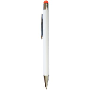 A white pen with a silver clip and an orange stylus tip, featuring a small logo.