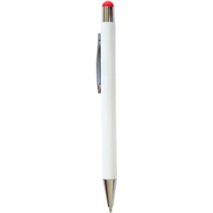 A white stylus pen with a red top and a silver clip, featuring a sleek design and a branding element.