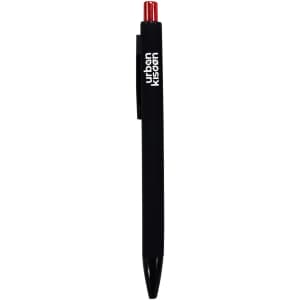 A black plastic pen with a red top and a branding logo.