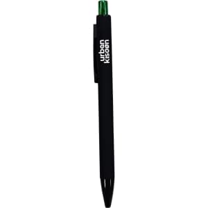 A black plastic pen with a green top and a logo on the barrel.