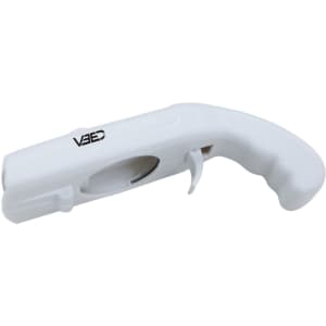 A drink bottle opener in white, designed like a cap gun, featuring a logo on its body.