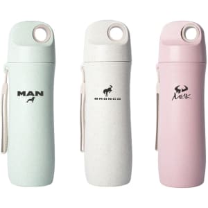 A drink bottle set featuring three colours: pale green, white, and light pink, with logos on each.