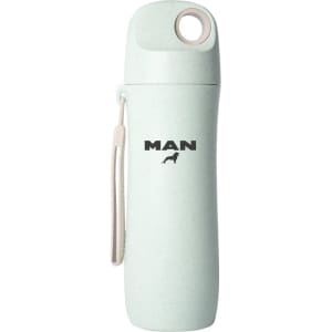 A drink bottle made from wheat straw, in a light green colour, featuring a logo and a convenient carry handle.