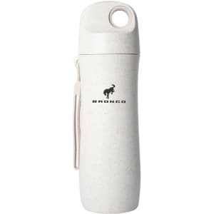 A drink bottle in light grey with a straw design, featuring a loop for carrying and a logo.