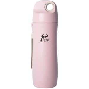 A drink bottle in a light pink colour made from wheat straw, featuring a logo and a clip.