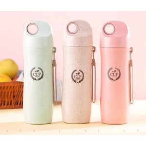 A drink bottle set featuring three bottles in mint green, beige, and pink, each with a logo and a carry handle.