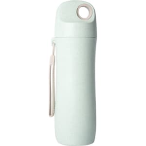 A drink bottle in pastel green made from wheat straw, featuring a logo and a carrying strap.