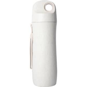 A drink bottle in a light grey, made from wheat straw, featuring a simple design and a carry strap.