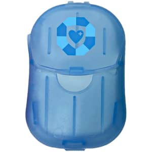 A blue promotional product featuring a compact design and a logo on the front.