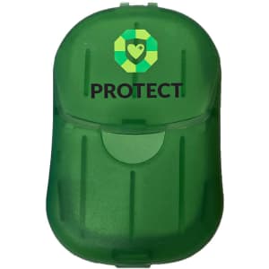 A green protective case with a logo, featuring a secure snap closure.