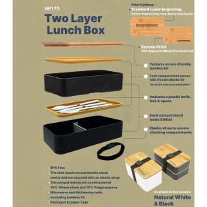 A two-layer lunch box in natural white and black, featuring a bamboo lid, compartments, and a plastic knife and fork.