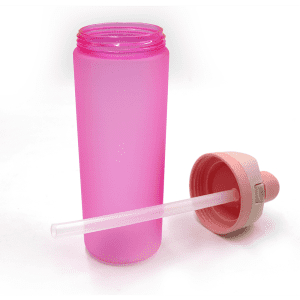 A drink bottle in translucent pink with a pink lid and a clear straw. It features a logo on the lid.