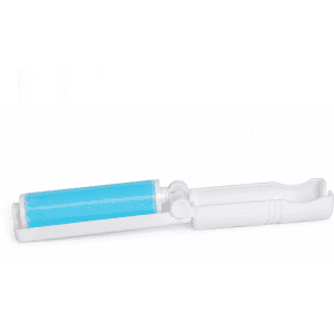 A lint remover with a white handle and a blue adhesive roller. It features a compact design and has a logo.