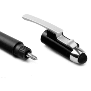 A black pen with a silver clip and tip, displayed with the cap removed. Features a logo on the body.