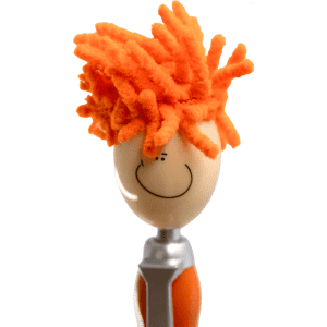 An orange mop head pen with a smiling face, featuring fluffy orange strands for hair and a silver clip.