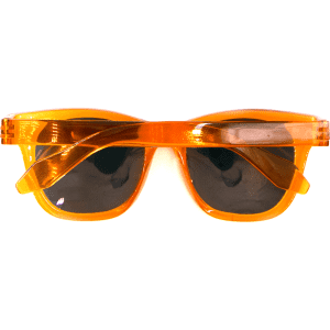 Bright orange polarised sunglasses with dark lenses, featuring a sleek design and a logo on the side.