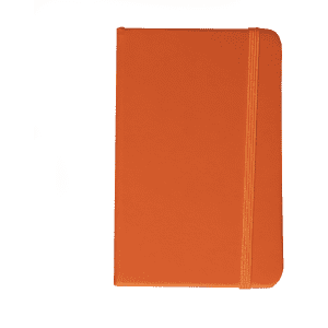 An orange notebook with a textured cover and a matching elastic band. It features branding on the front.