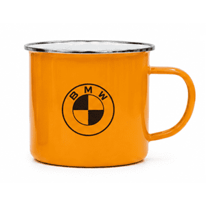 An orange mug with a metallic rim and a logo printed on the front.
