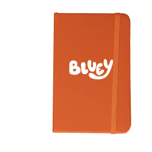 An orange notebook featuring a white logo on the front and an elastic band.