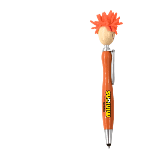 A Mop Head Pen with Stylus featuring an orange body and bright orange mop-like top. Includes a branding logo.