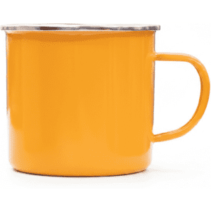 A drink bottle in a vibrant yellow colour with a silver rim and a sturdy handle. It features a logo.