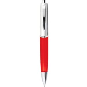 A metal pen with a shiny silver clip and a vibrant red barrel. Features a branding logo.