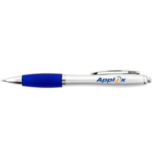 A silver pen with a blue grip and a logo on the barrel.