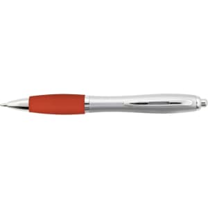 A plastic pen with a silver barrel and a red rubber grip, featuring a logo on its body.